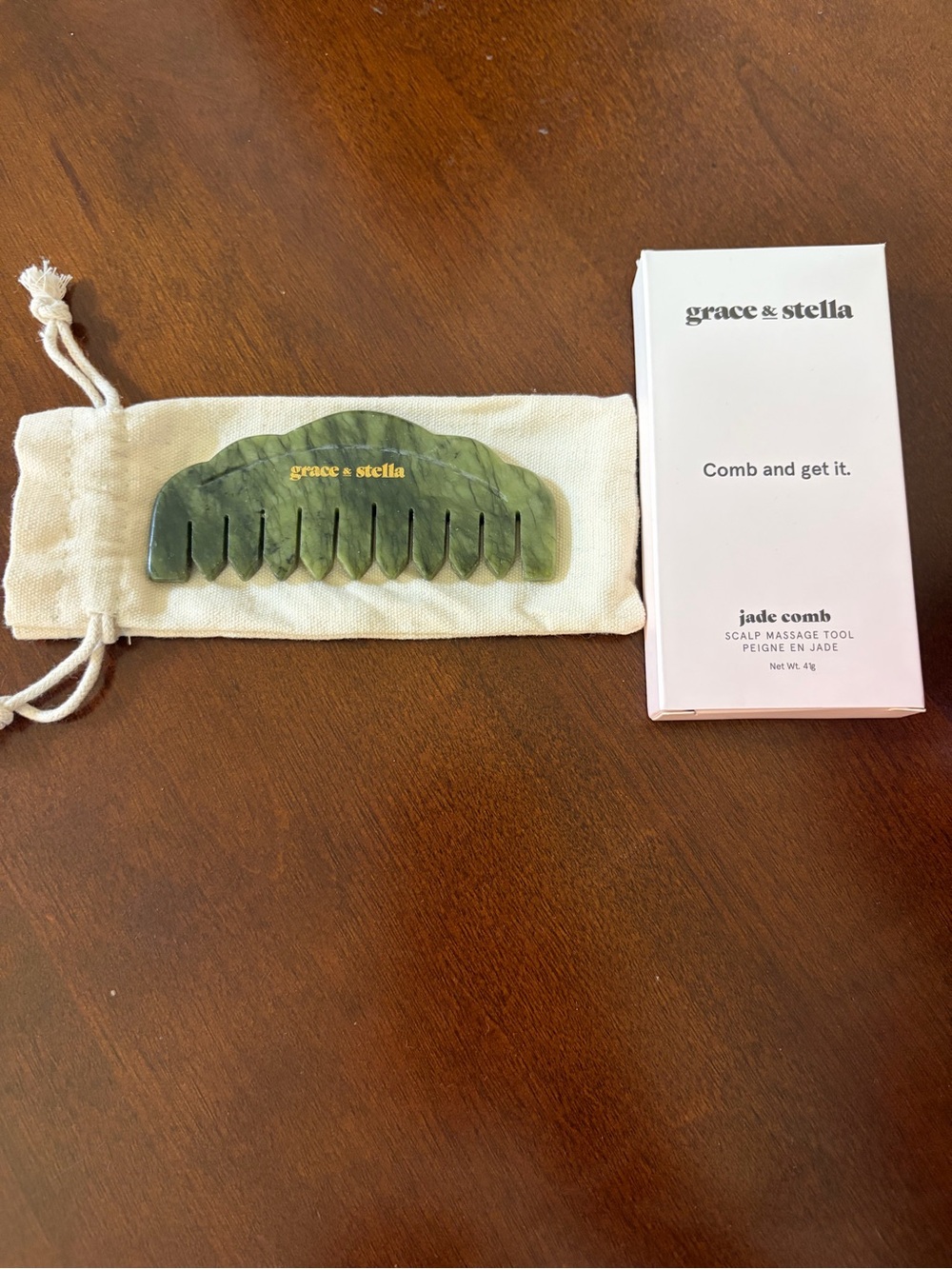 grace & stella Green Jade Wide-Tooth Scalp Massage Comb with Gold Logo